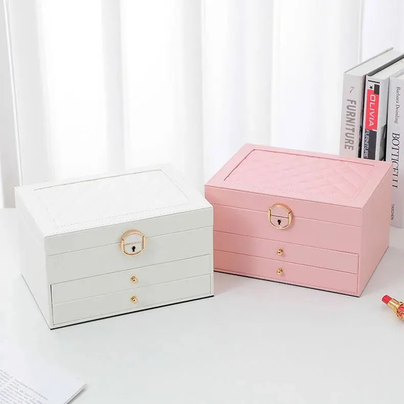 Women's Leather Jewelry Box Multi Layer Drawers Ring Slots – Dresser Setup