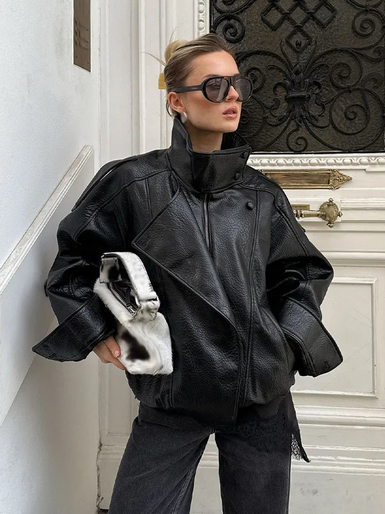 Women's Leather Look Jacket High Neck Asymmetric Zip – Going Out