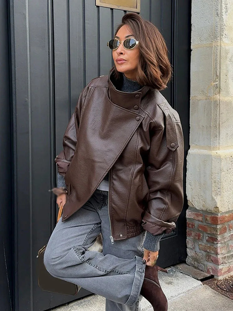 Women's Leather Look Jacket High Neck Asymmetric Zip – Going Out