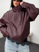 Women's Leather Look Jacket High Neck Asymmetric Zip – Going Out