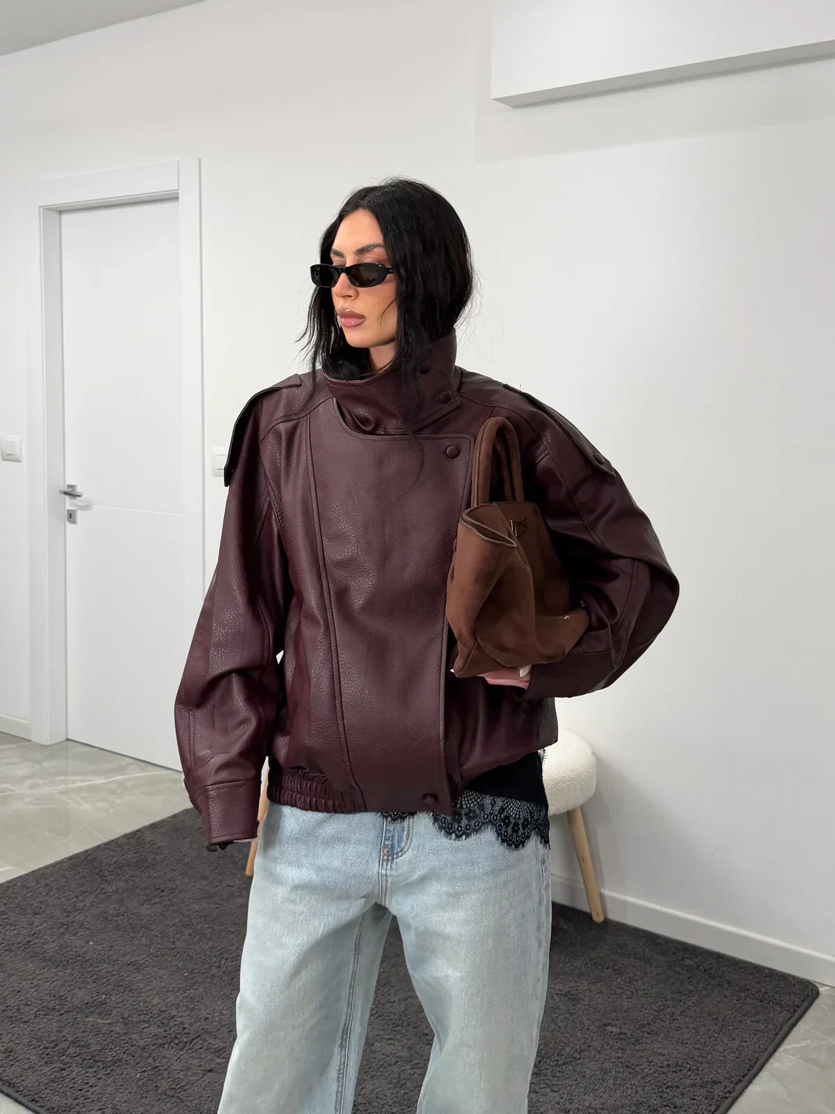 Women's Leather Look Jacket High Neck Asymmetric Zip – Going Out