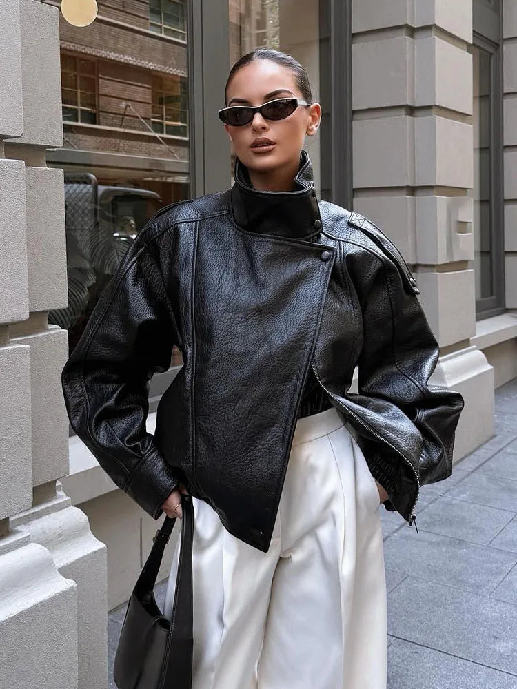 Women's Leather Look Jacket High Neck Asymmetric Zip – Going Out
