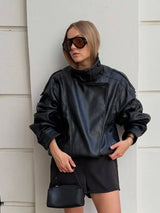 Women's Leather Look Jacket High Neck Asymmetric Zip – Going Out