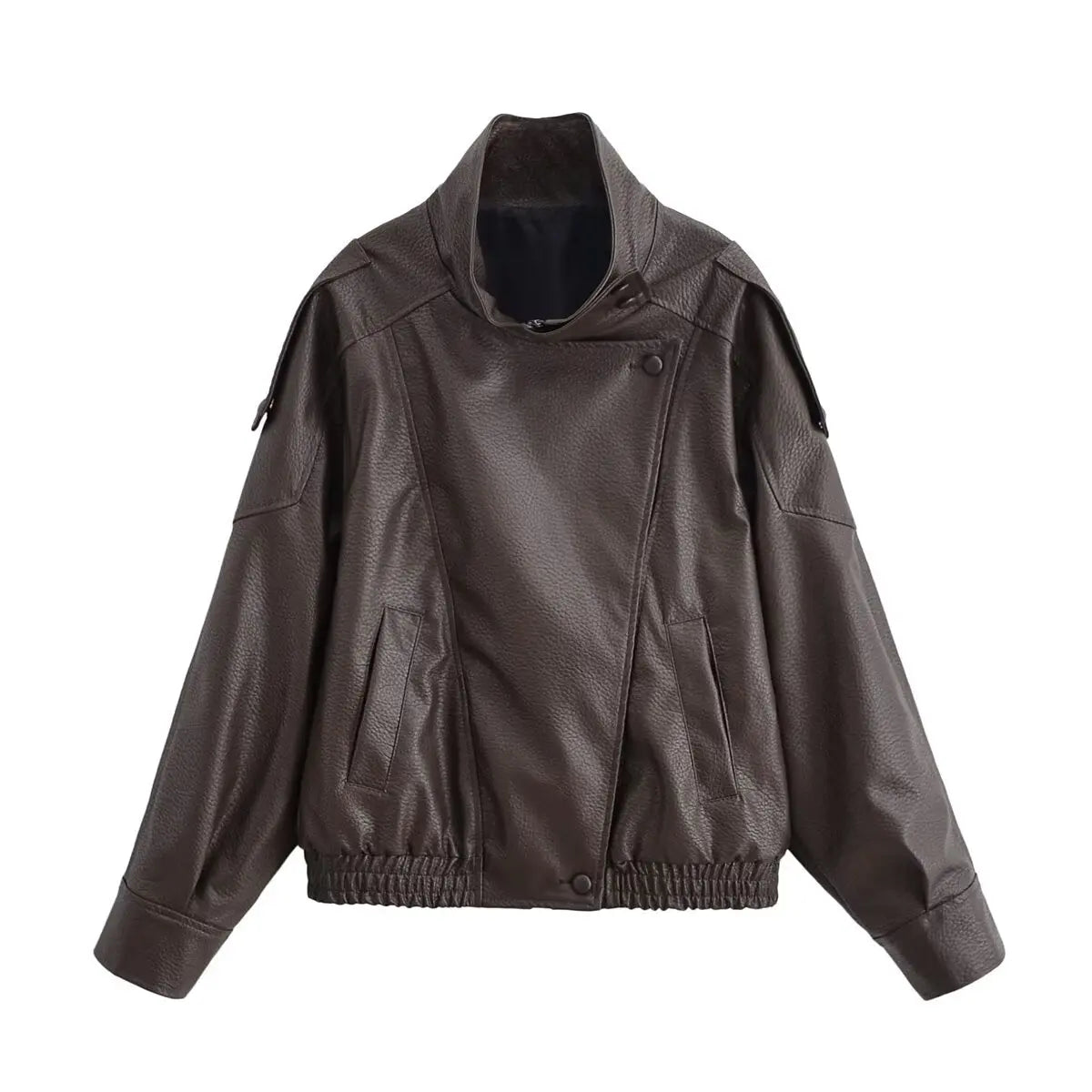 Women's Leather Look Jacket High Neck Asymmetric Zip – Going Out