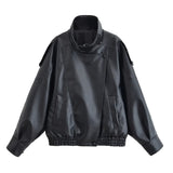 Women's Leather Look Jacket High Neck Asymmetric Zip – Going Out