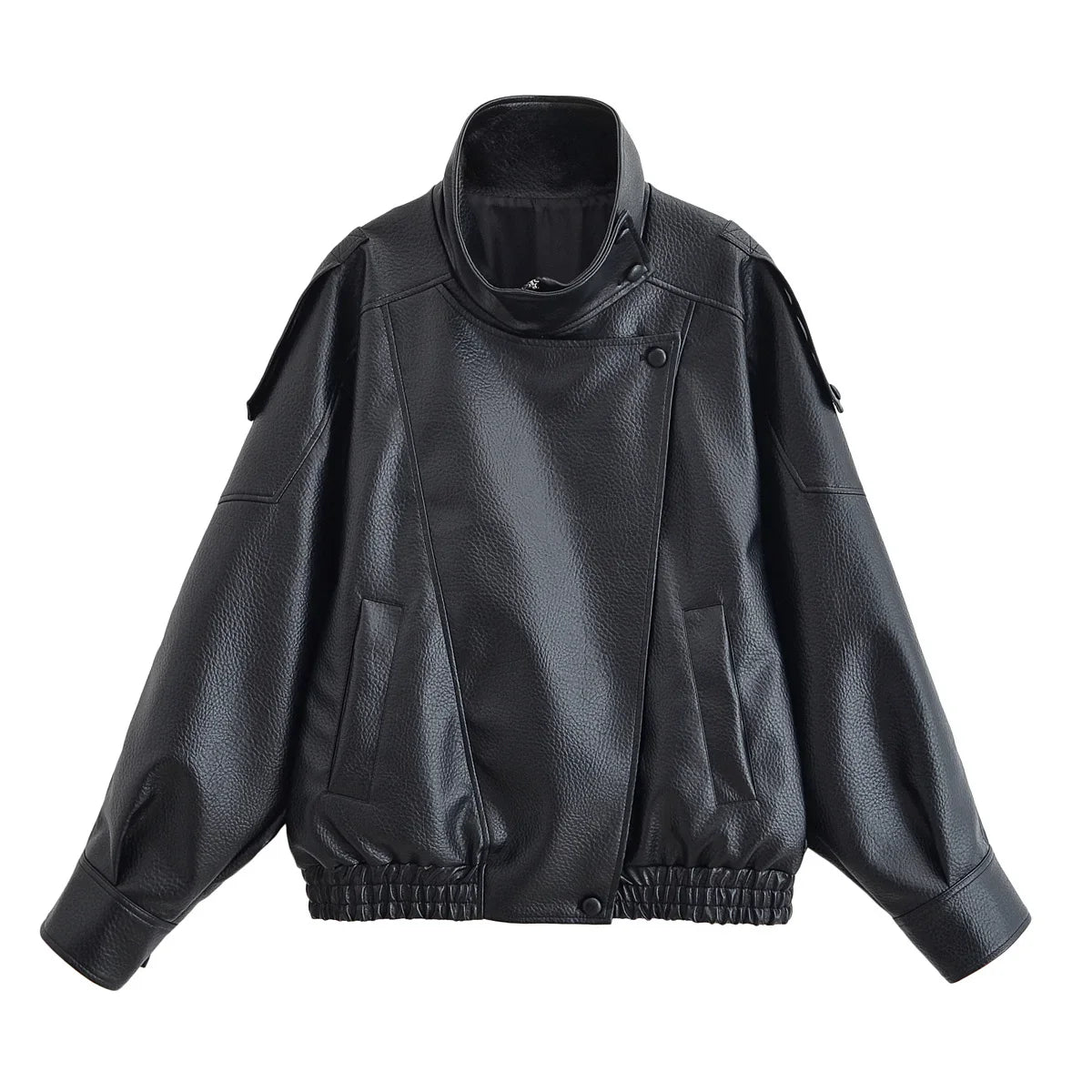 Women's Leather Look Jacket High Neck Asymmetric Zip – Going Out
