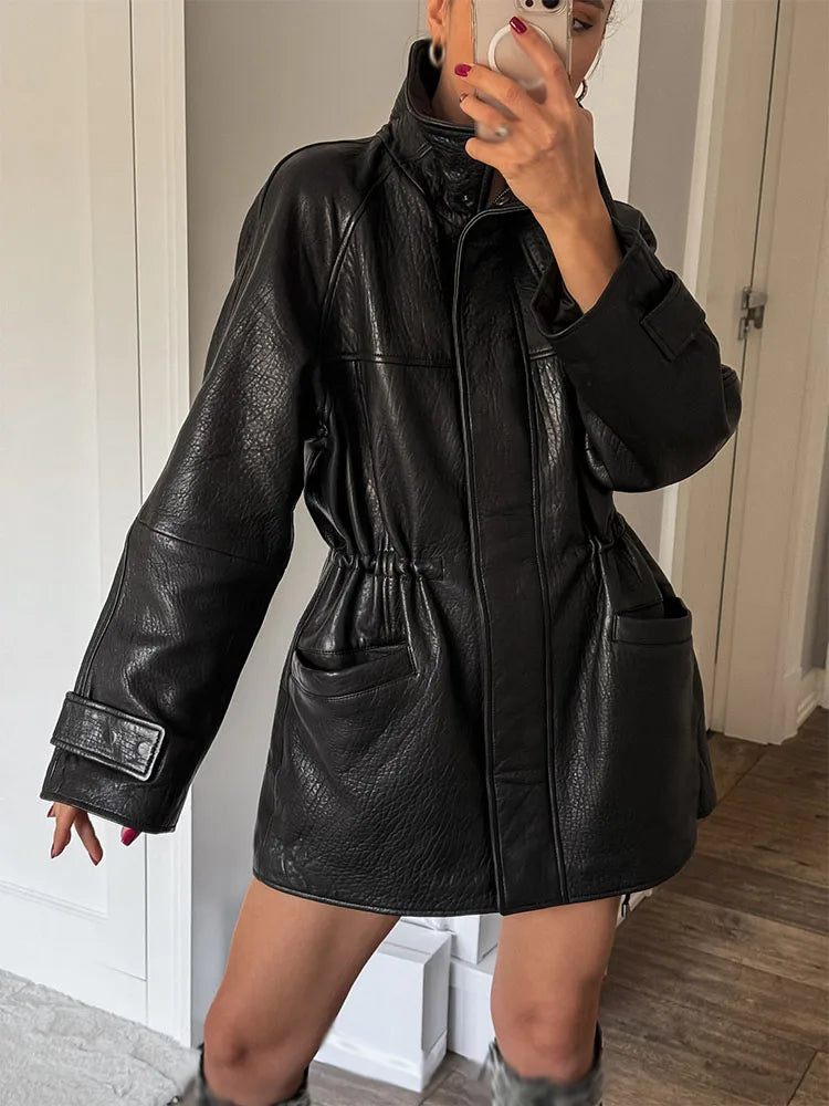 Women's Leather Look Jacket Stand Collar Zip Front Drawstring Waist – Going Out