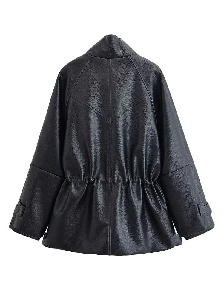 Women's Leather Look Jacket Stand Collar Zip Front Drawstring Waist – Going Out