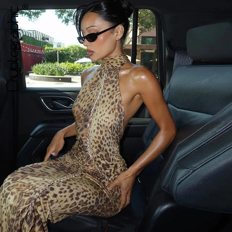 Women's Leopard Maxi Dress Sleeveless High Halter Neck – Wedding Guest