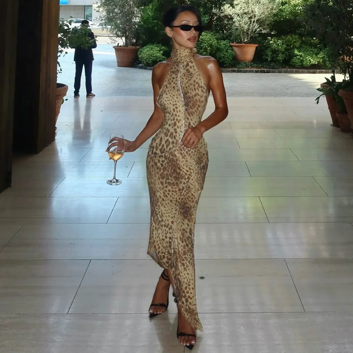 Women's Leopard Maxi Dress Sleeveless High Halter Neck – Wedding Guest