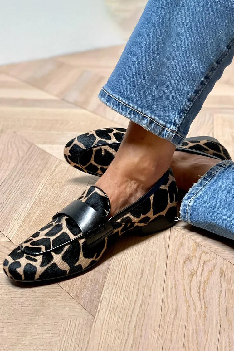 Women's Leopard Print Loafers Slip On Rounded Toe Block Heel – Office Wear
