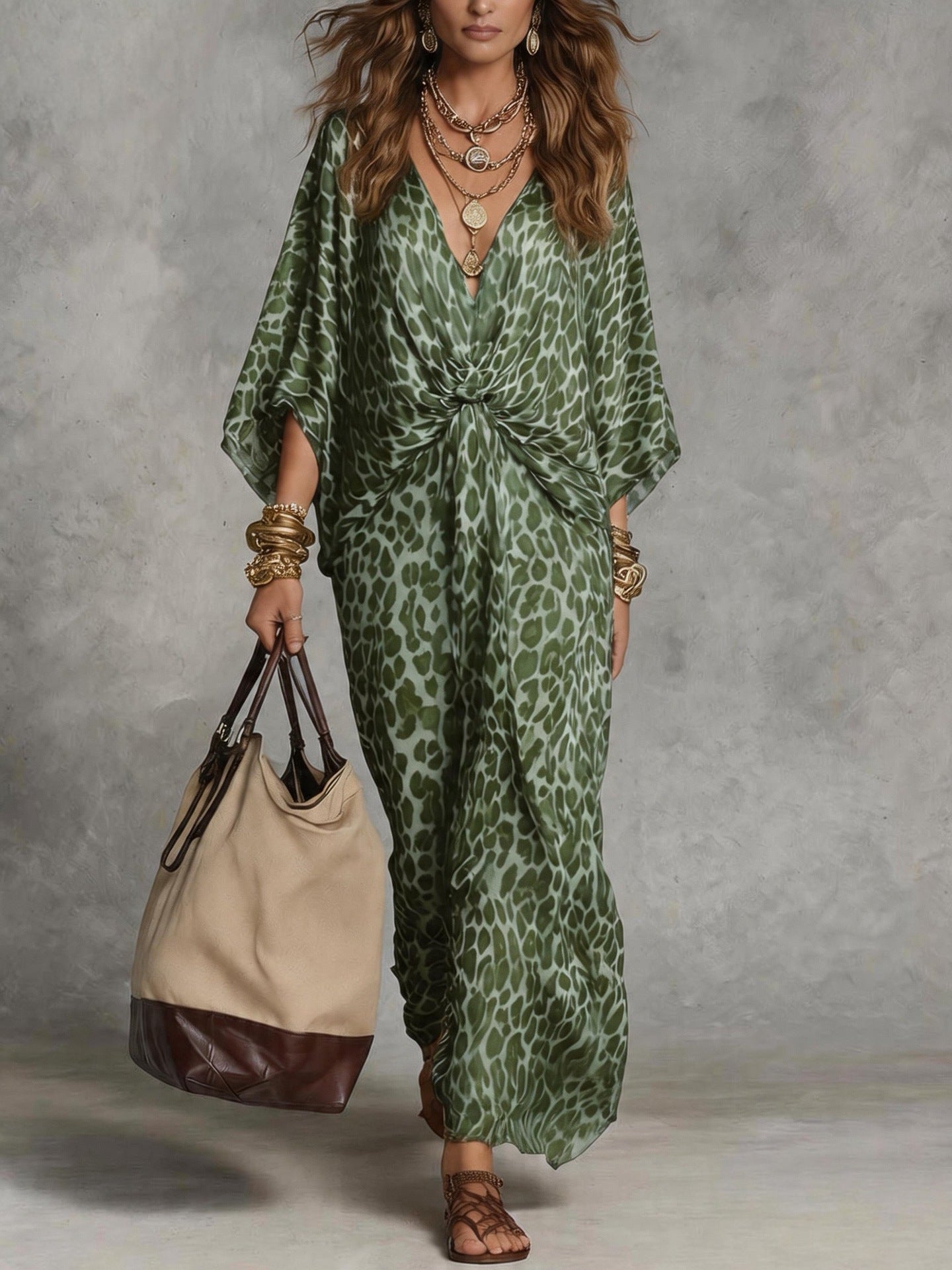 Women's Leopard Print Maxi Dress Twist Front Batwing – Resort Dinner