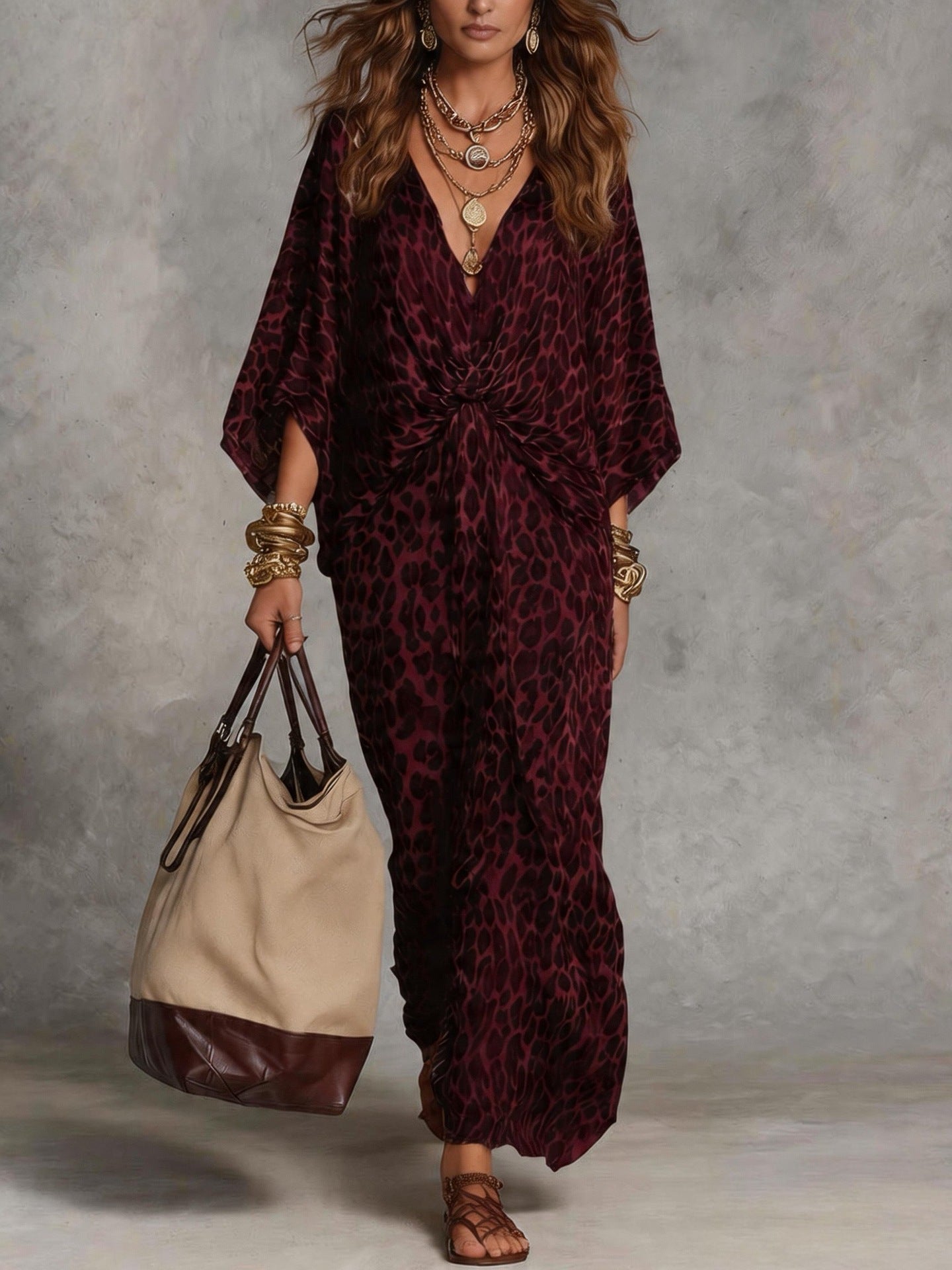 Women's Leopard Print Maxi Dress Twist Front Batwing – Resort Dinner