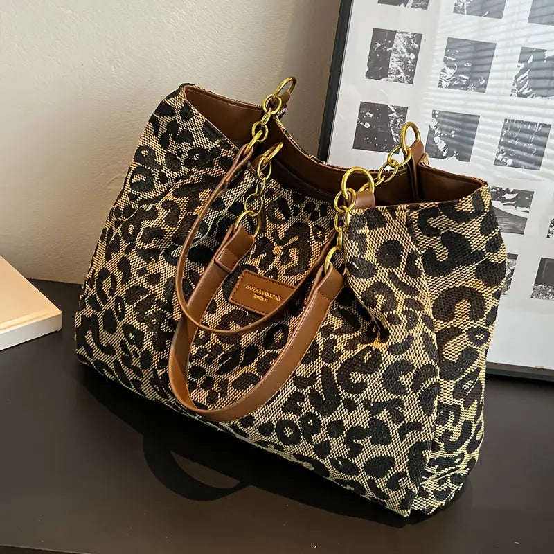Women's Leopard Shoulder Bag Tote Wide Strap Chain Detail – Daily Carry