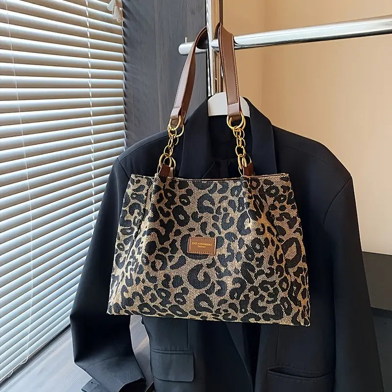 Women's Leopard Shoulder Bag Tote Wide Strap Chain Detail – Daily Carry