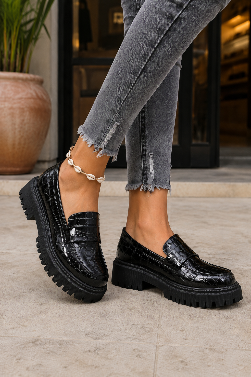 Women’s Loafers Embossed Vamp Strap Lug Sole – Office Mornings