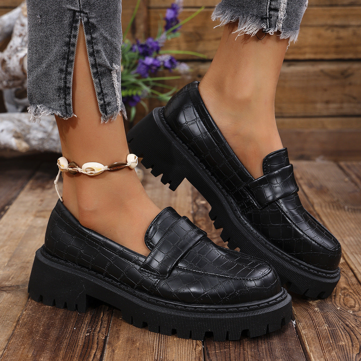 Women’s Loafers Embossed Vamp Strap Lug Sole – Office Mornings