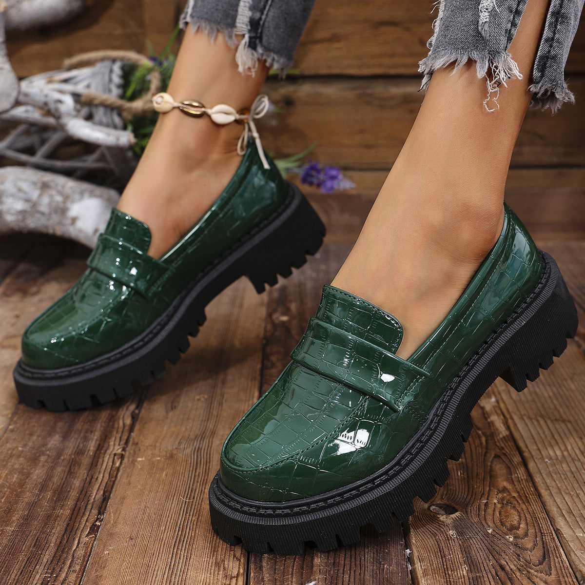 Women’s Loafers Embossed Vamp Strap Lug Sole – Office Mornings