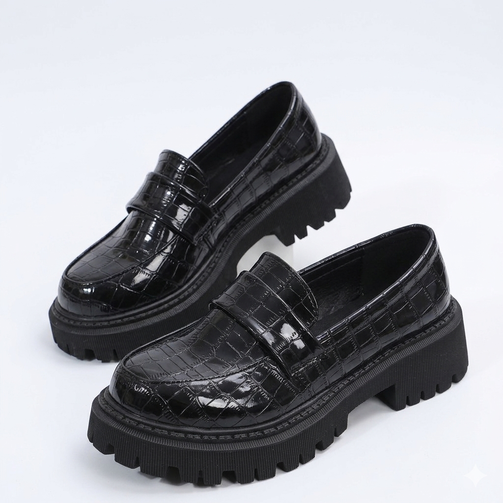 Women’s Loafers Embossed Vamp Strap Lug Sole – Office Mornings