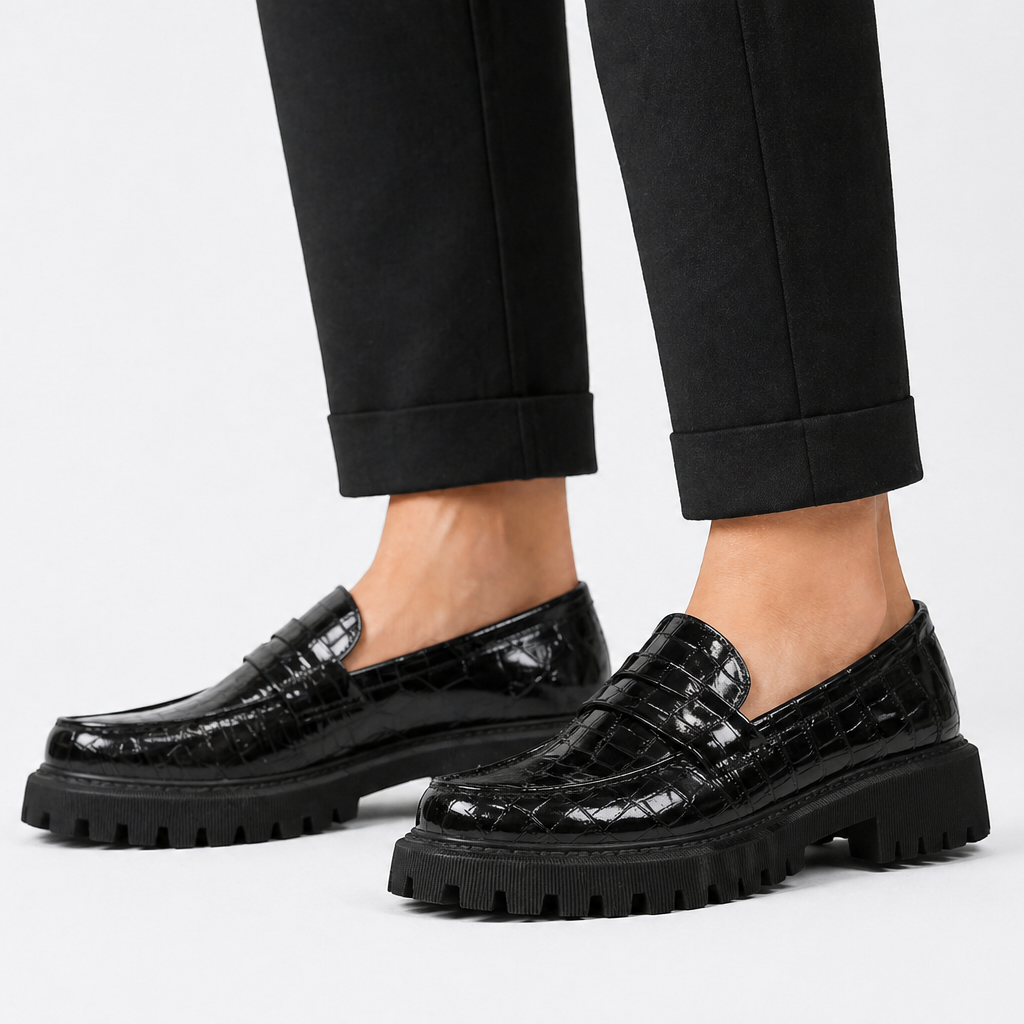 Women’s Loafers Embossed Vamp Strap Lug Sole – Office Mornings