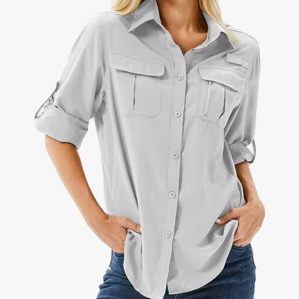 Women’s Long Sleeve Shirt Pointed Collar Chest Pockets Sleeve Tabs – Coworking Days