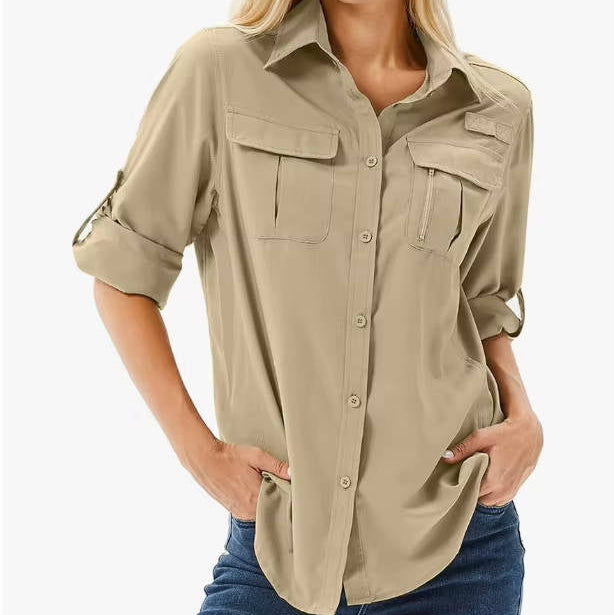 Women’s Long Sleeve Shirt Pointed Collar Chest Pockets Sleeve Tabs – Coworking Days