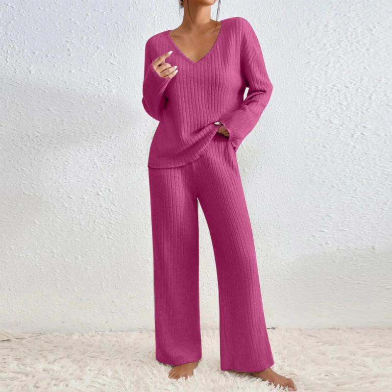 Women's Lounge Set Ribbed Knit Wide Leg V Neck Long Sleeve - Sleep Wear