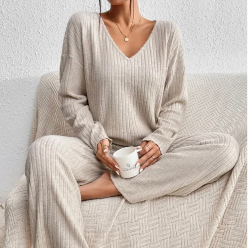 Women's Lounge Set Ribbed Knit Wide Leg V Neck Long Sleeve - Sleep Wear
