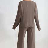 Women's Lounge Set Ribbed Knit Wide Leg V Neck Long Sleeve - Sleep Wear