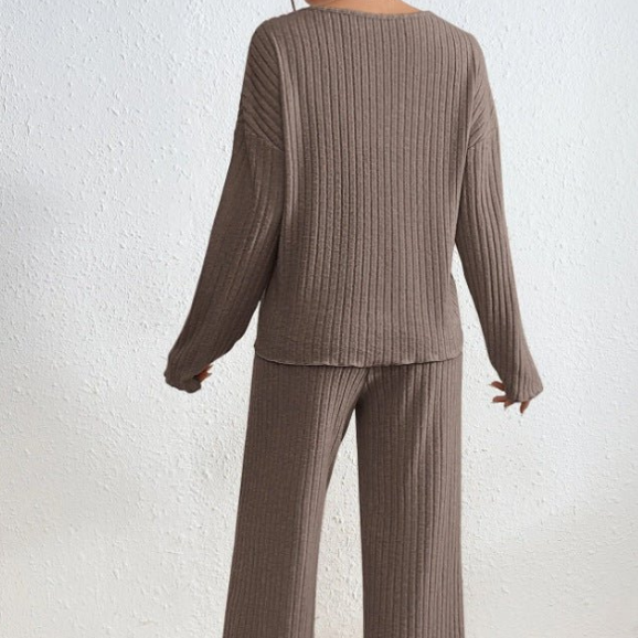 Women's Lounge Set Ribbed Knit Wide Leg V Neck Long Sleeve - Sleep Wear