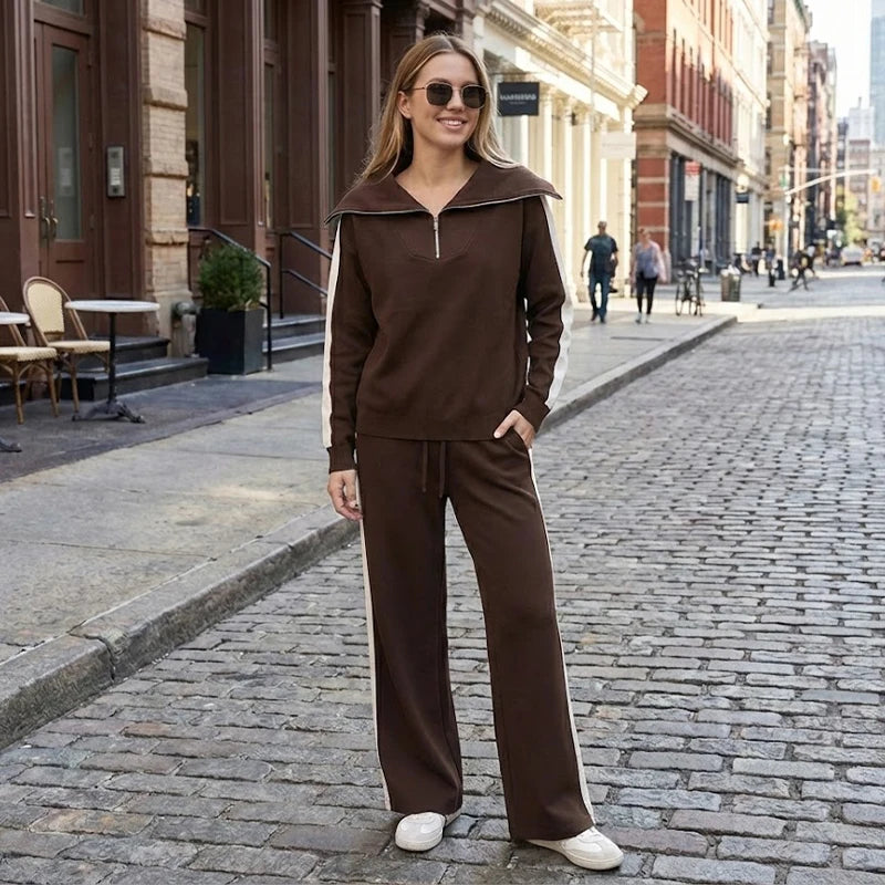 Women's Loungewear Set Zip Neck Long Sleeve Wide Leg Pants – Road Trip