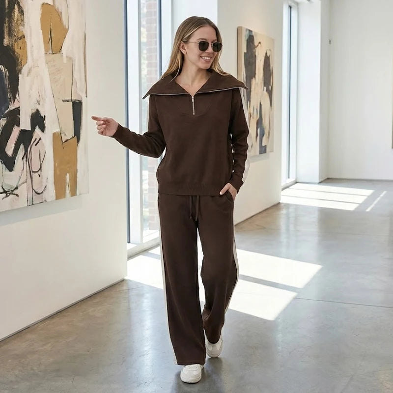 Women's Loungewear Set Zip Neck Long Sleeve Wide Leg Pants – Road Trip