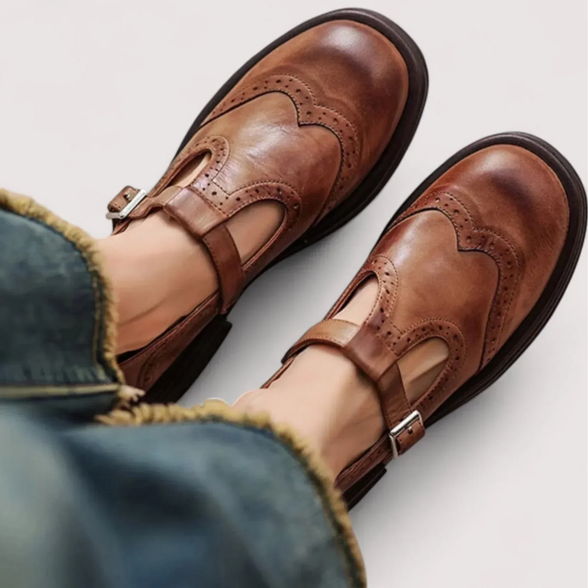 Women’s Mary Jane Shoes Buckle Strap Round Toe Brogue Detail – Office Workshops