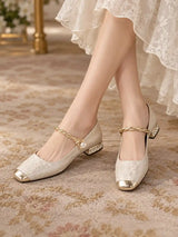 Women’s Mary Jane Shoes Square Toe Twisted Strap Pearl Accent – Engagement Parties