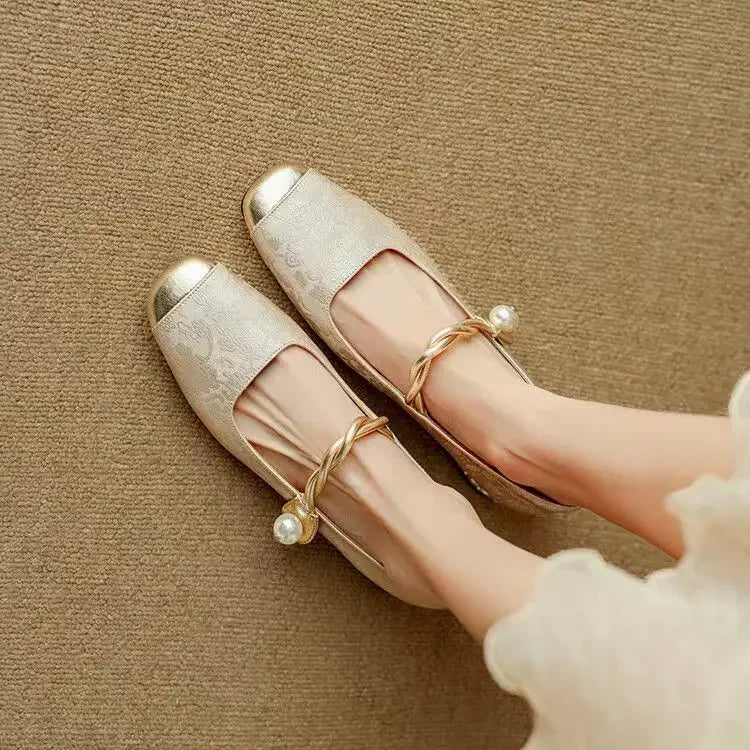 Women’s Mary Jane Shoes Square Toe Twisted Strap Pearl Accent – Engagement Parties