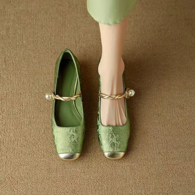 Women’s Mary Jane Shoes Square Toe Twisted Strap Pearl Accent – Engagement Parties