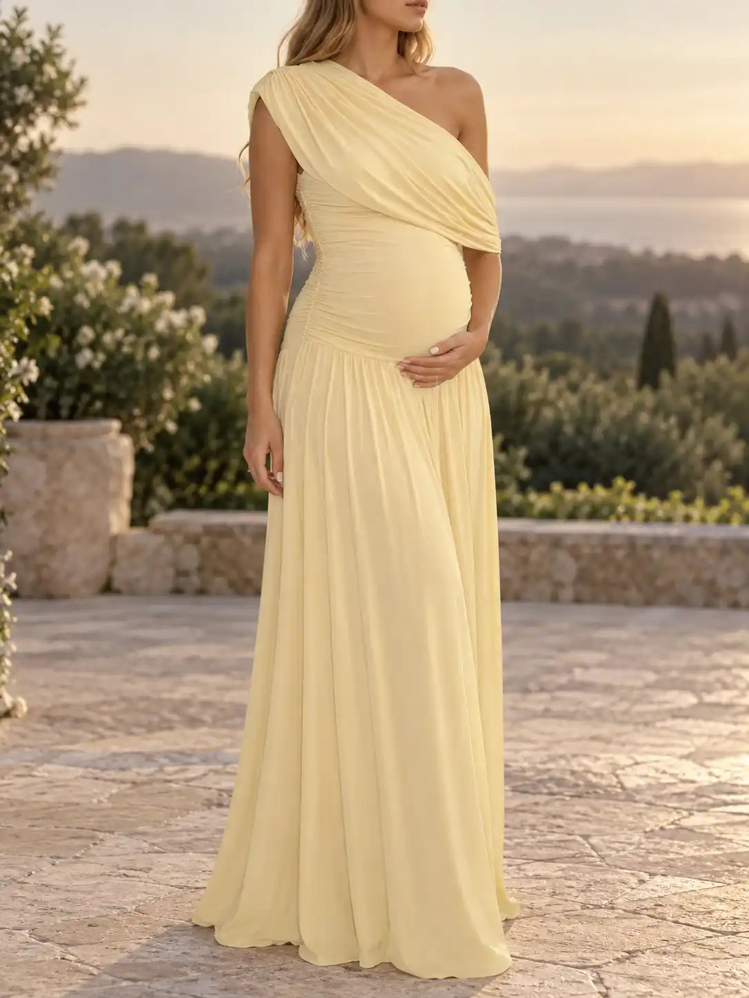Women’s Maternity Maxi Dress One-Shoulder Ruched Waist Draped Overlay – Maternity Celebrations