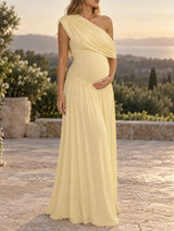 Women’s Maternity Maxi Dress One-Shoulder Ruched Waist Draped Overlay – Maternity Celebrations
