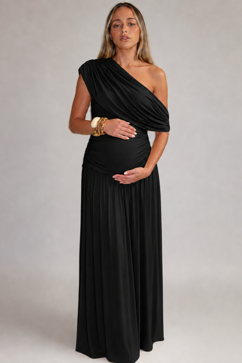 Women’s Maternity Maxi Dress One-Shoulder Ruched Waist Draped Overlay – Maternity Celebrations