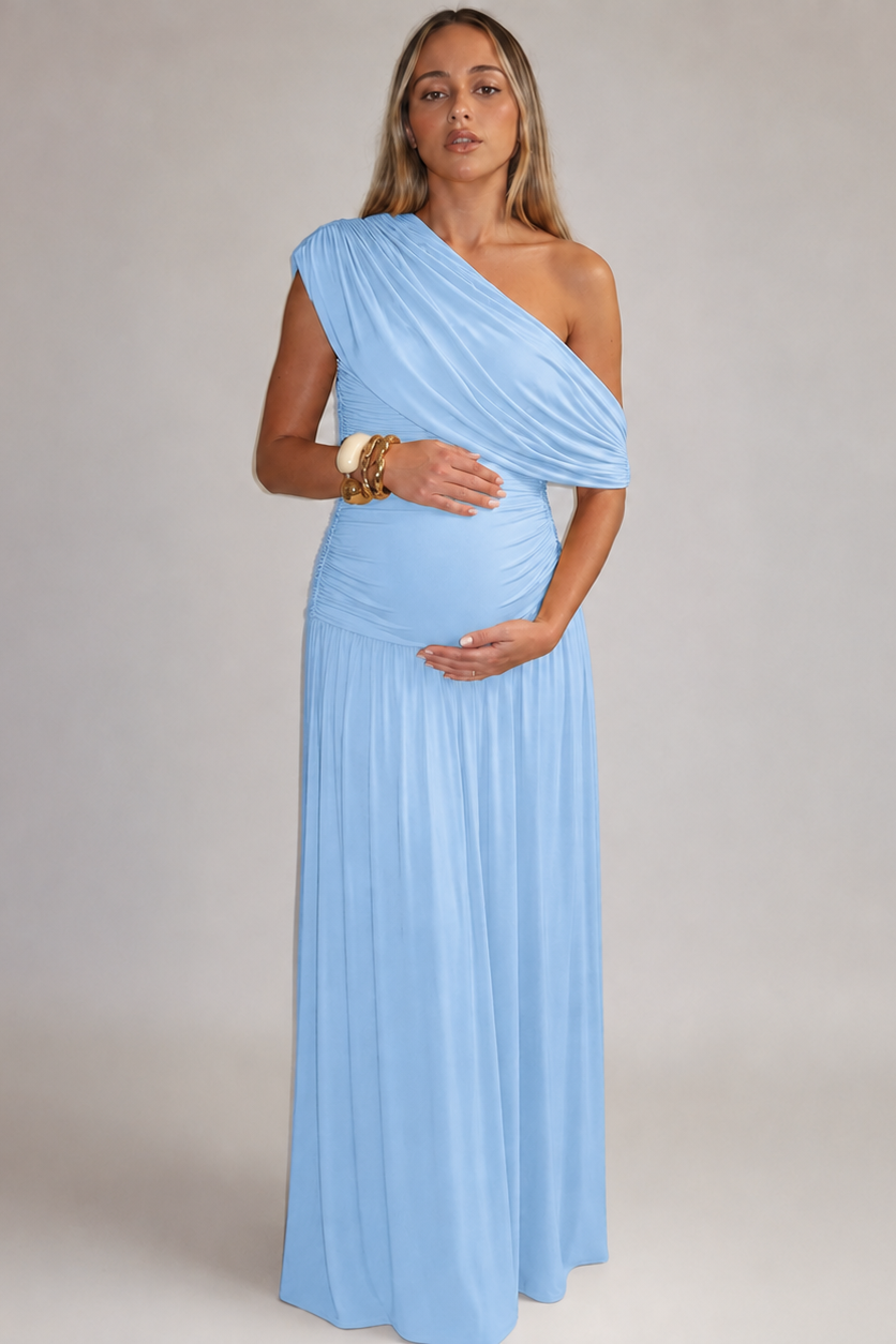 Women’s Maternity Maxi Dress One-Shoulder Ruched Waist Draped Overlay – Maternity Celebrations