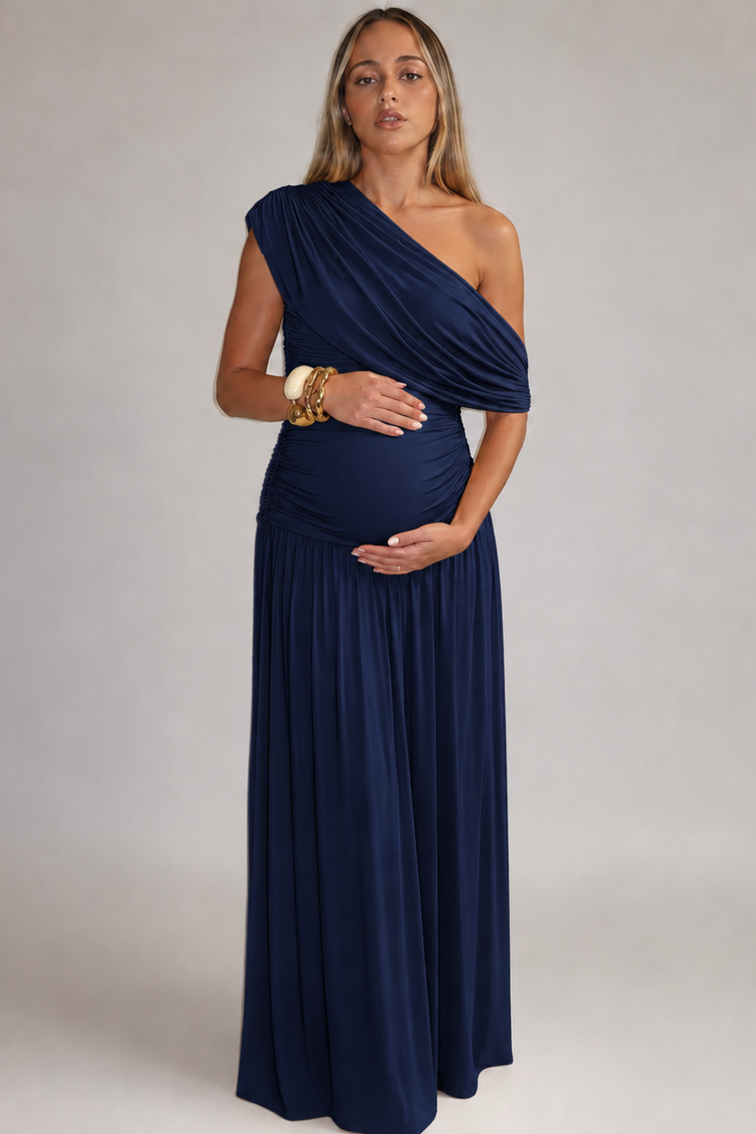 Women’s Maternity Maxi Dress One-Shoulder Ruched Waist Draped Overlay – Maternity Celebrations