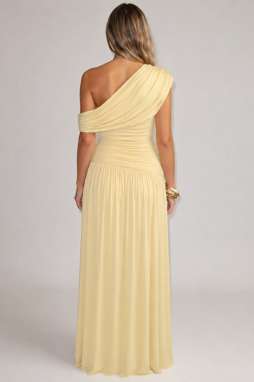 Women’s Maternity Maxi Dress One-Shoulder Ruched Waist Draped Overlay – Maternity Celebrations