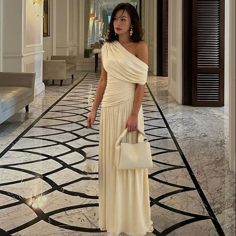 Women’s Maternity Maxi Dress One-Shoulder Ruched Waist Draped Overlay – Maternity Celebrations