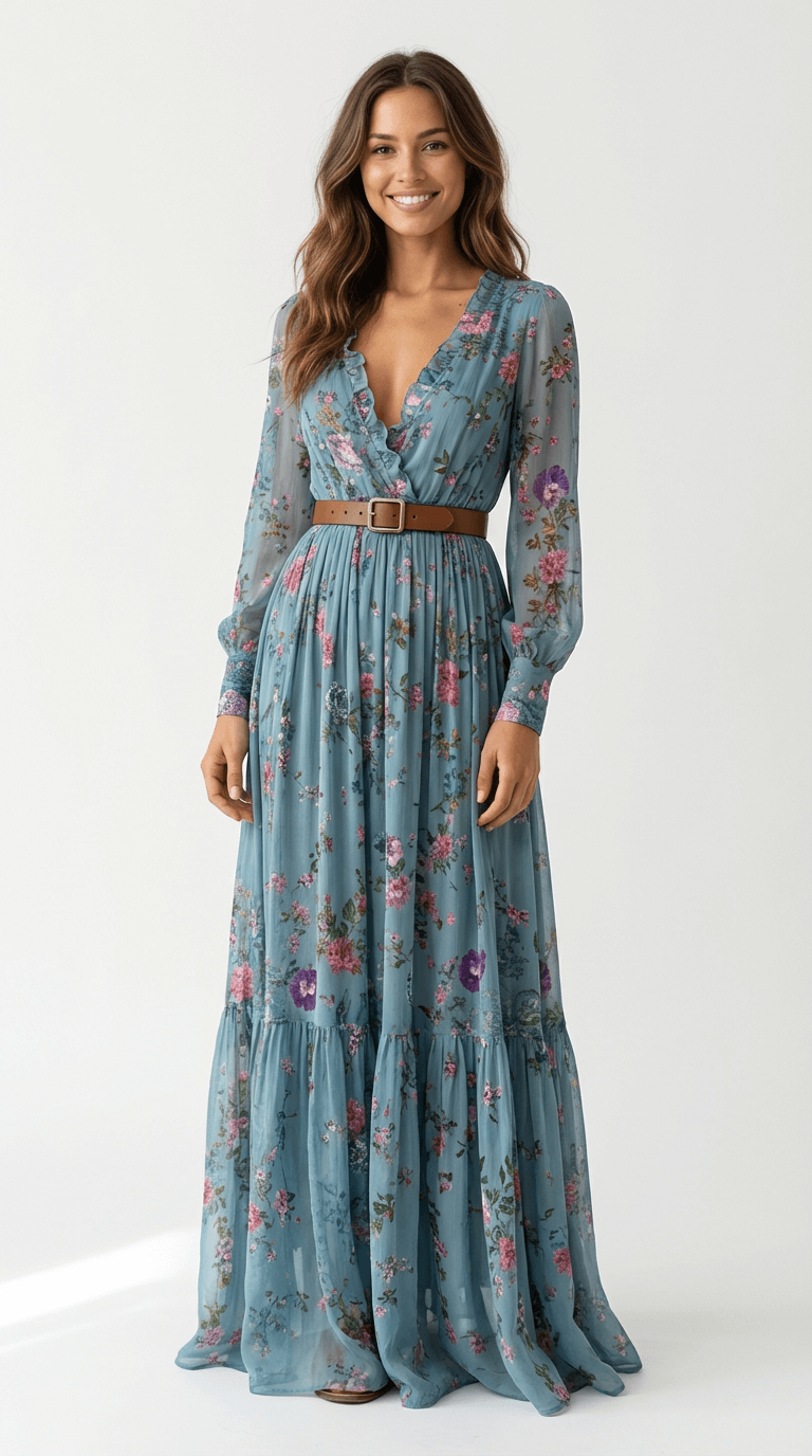 Women’s Maxi Boho Dress Floral Detail Long Sleeves Tiered Skirt – Garden Receptions