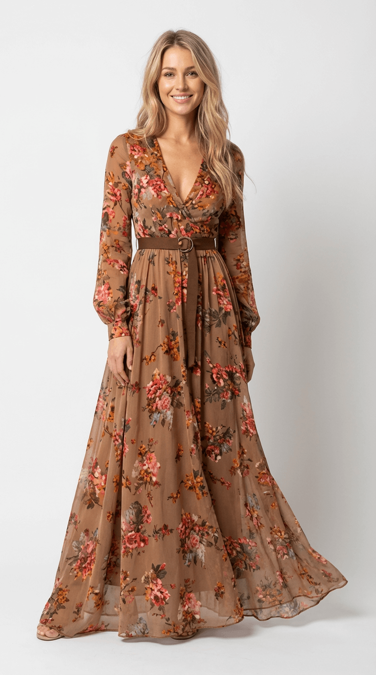 Women’s Maxi Boho Dress Floral Detail Long Sleeves Tiered Skirt – Garden Receptions