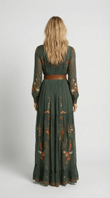 Women’s Maxi Boho Dress Floral Detail Long Sleeves Tiered Skirt – Garden Receptions