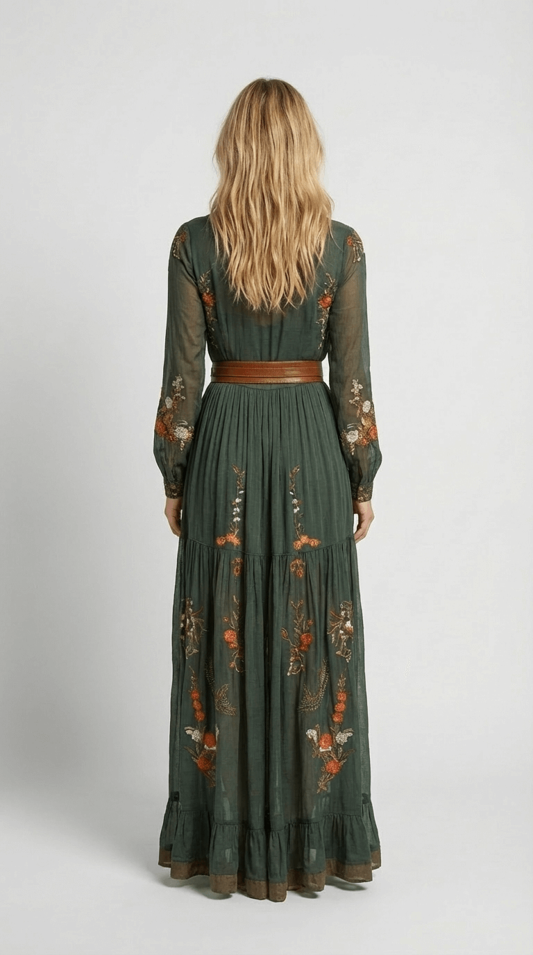 Women’s Maxi Boho Dress Floral Detail Long Sleeves Tiered Skirt – Garden Receptions
