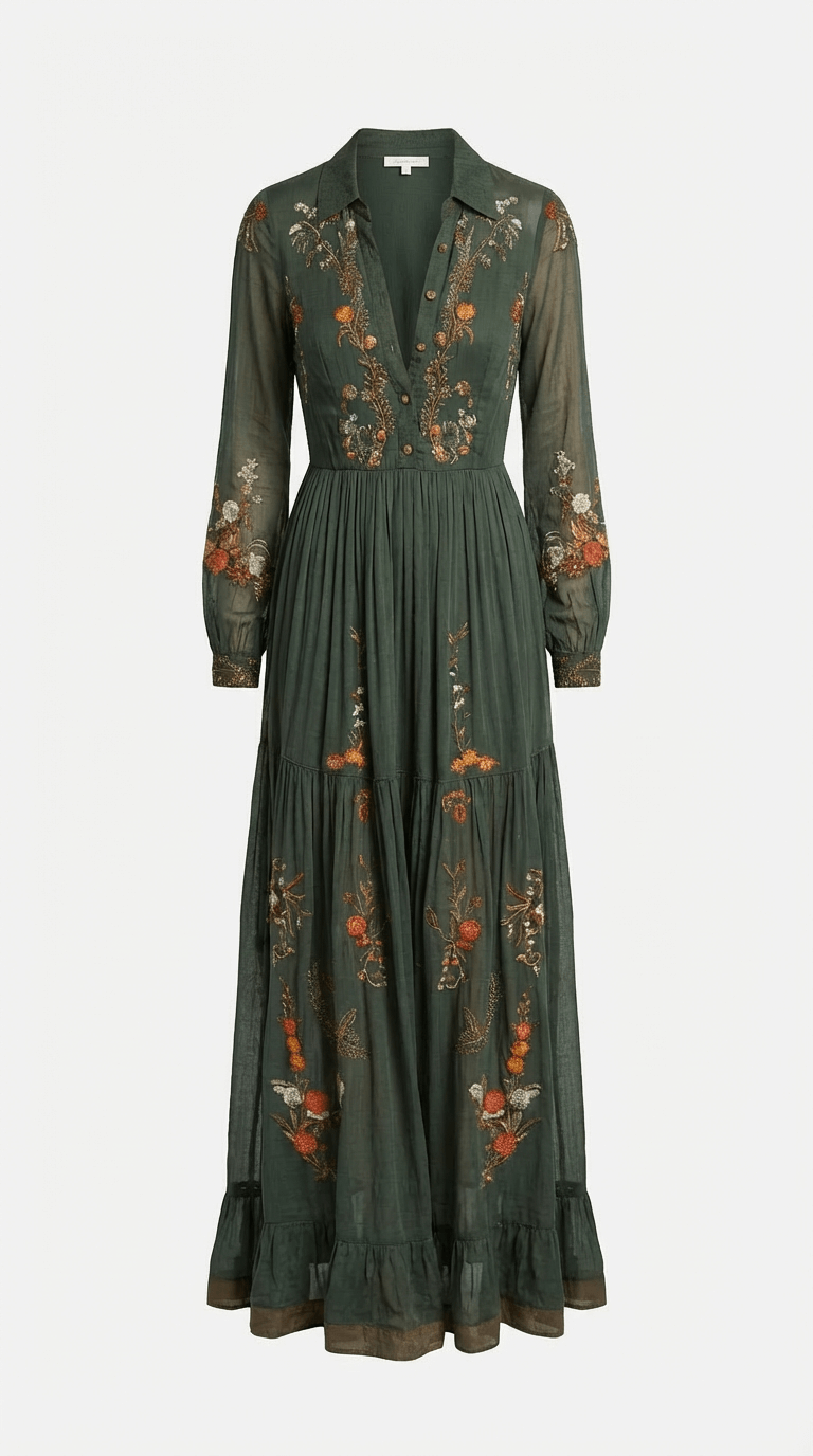 Women’s Maxi Boho Dress Floral Detail Long Sleeves Tiered Skirt – Garden Receptions