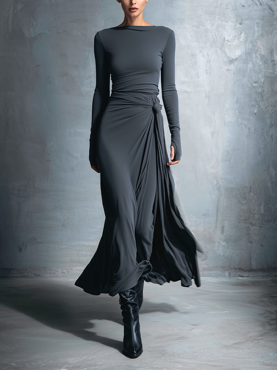 Women's Maxi Dress Boat Neck Long Sleeve Side Knot – Cocktail Party