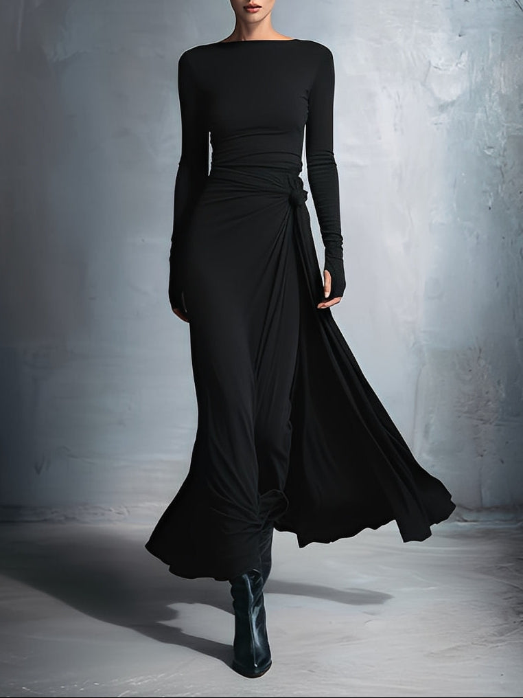 Women's Maxi Dress Boat Neck Long Sleeve Side Knot – Cocktail Party